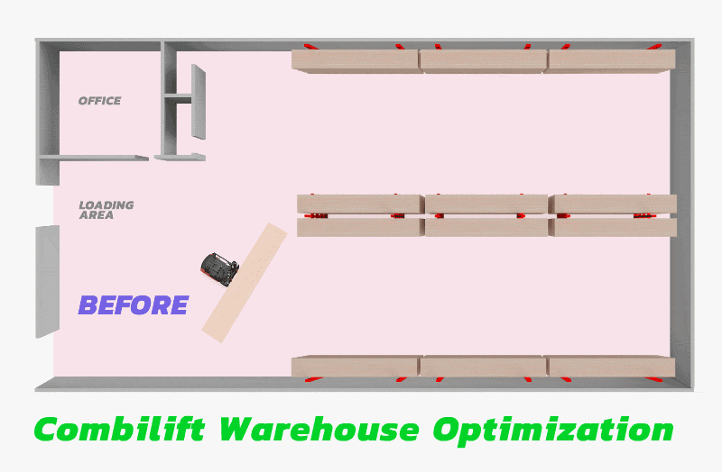 Combilift Warehouse Optimisation Combilift Warehouse Optimization. Shows warehouse before and after utilising Combilift Multi-directional Forklifts for narrow aisles.